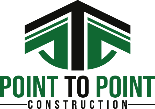 Logo for Point to Point Construction featuring bold green and black geometric shapes forming a stylized roof above the pointtopoint Construction text.