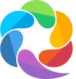 A circular abstract logo by Pinoo Bindhani features six overlapping, curved shapes in blue, green, yellow, orange, red, and purple, forming a vibrant swirl on a light background.
